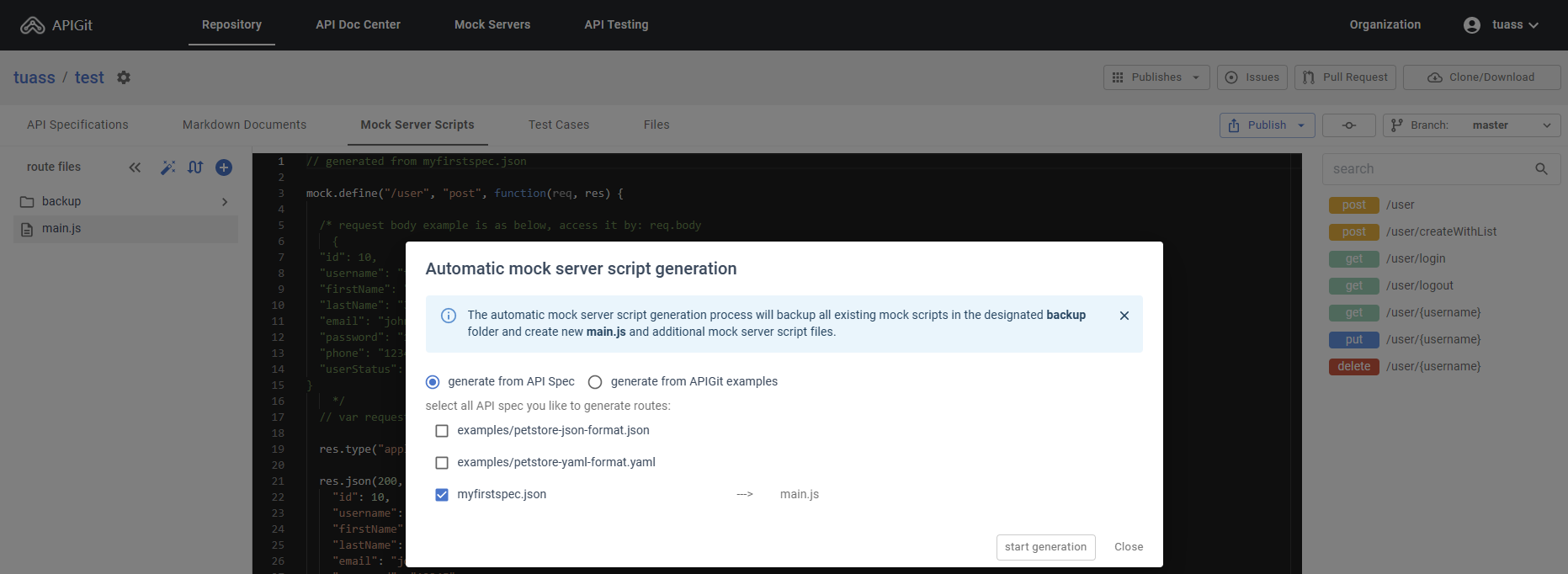 Generate Mock Server script automatically action