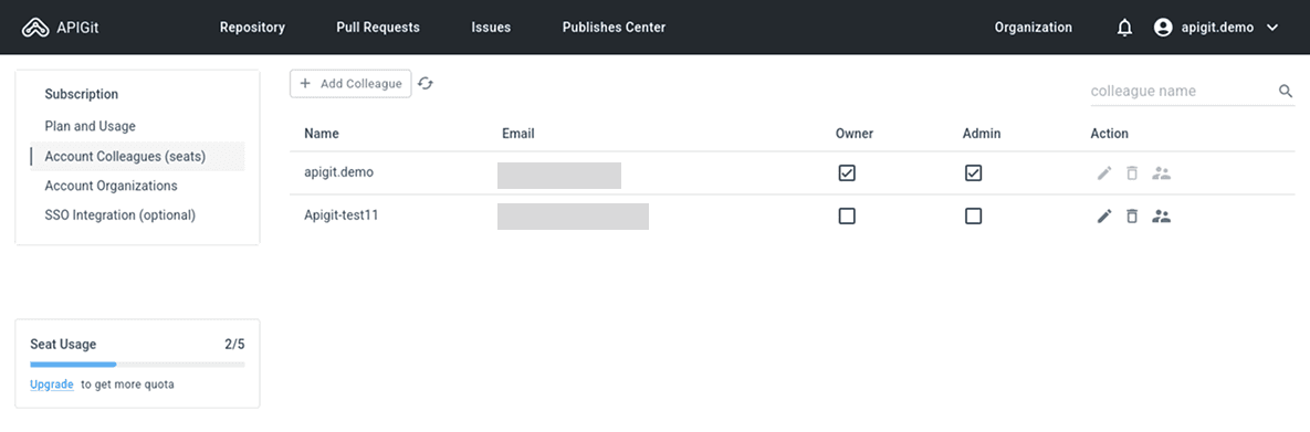 Account Colleagues Management Screen