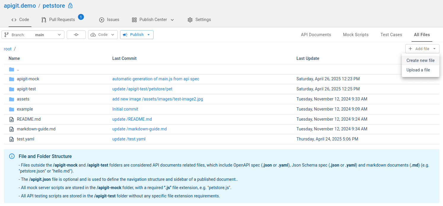 Manage API spec files from All Files tab