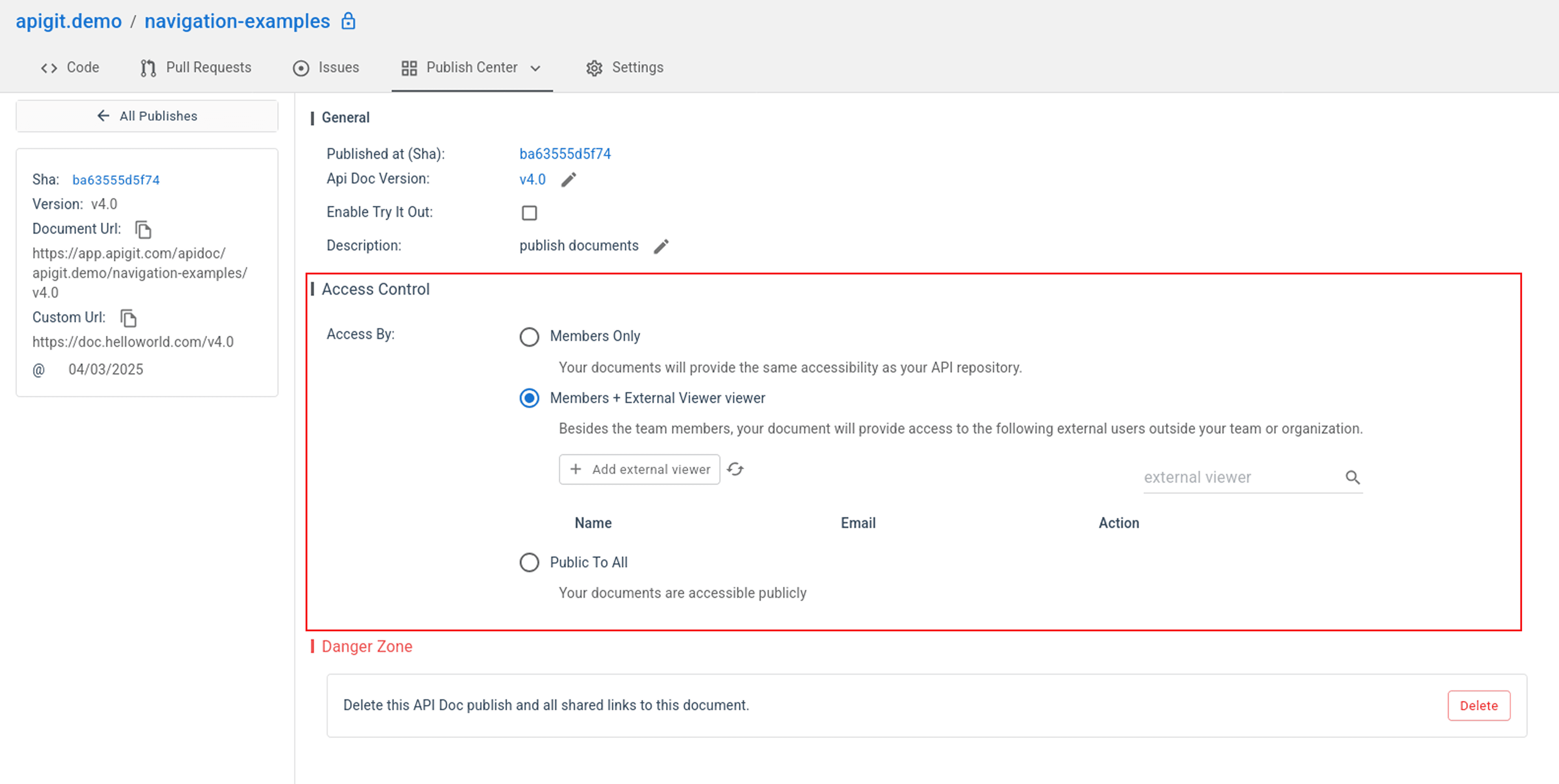 API Document - Access settings
