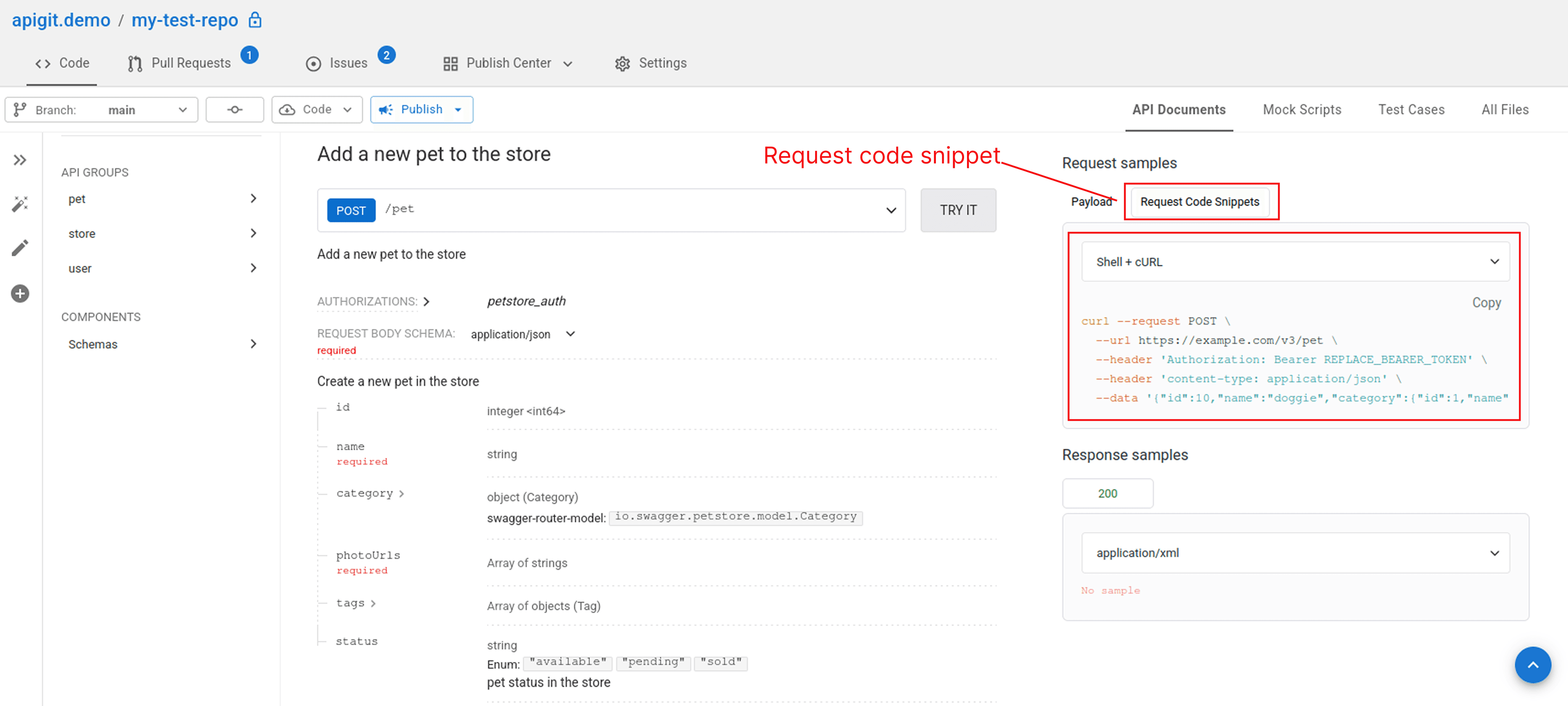 API Spec - Request code snippet