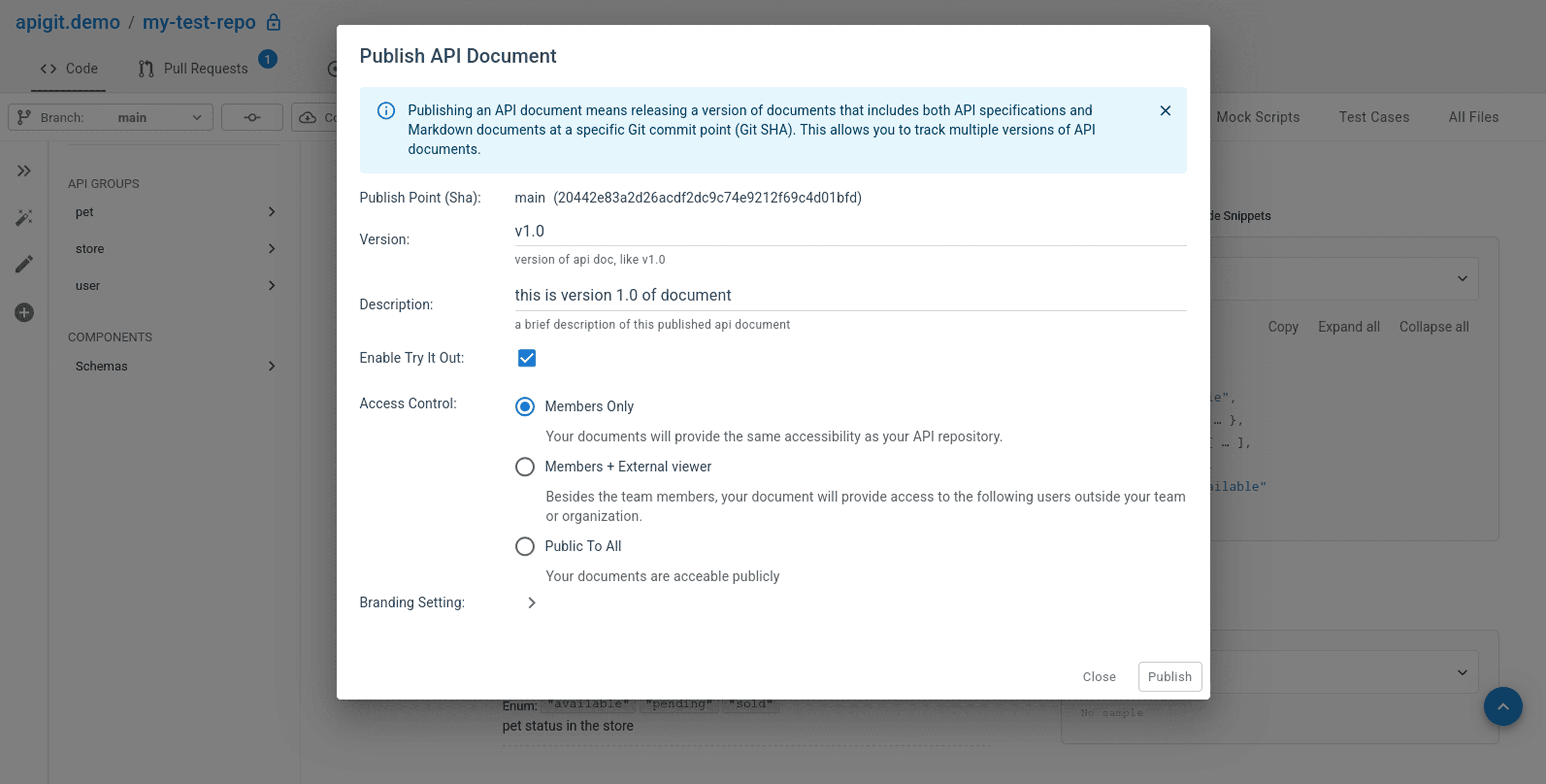 Publish API Document Dialog