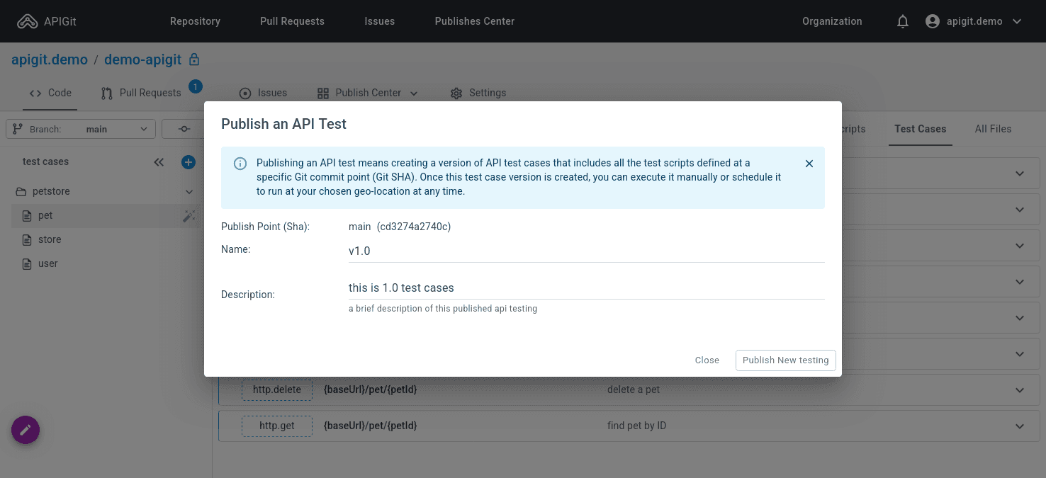 Publish API Testing Dialog