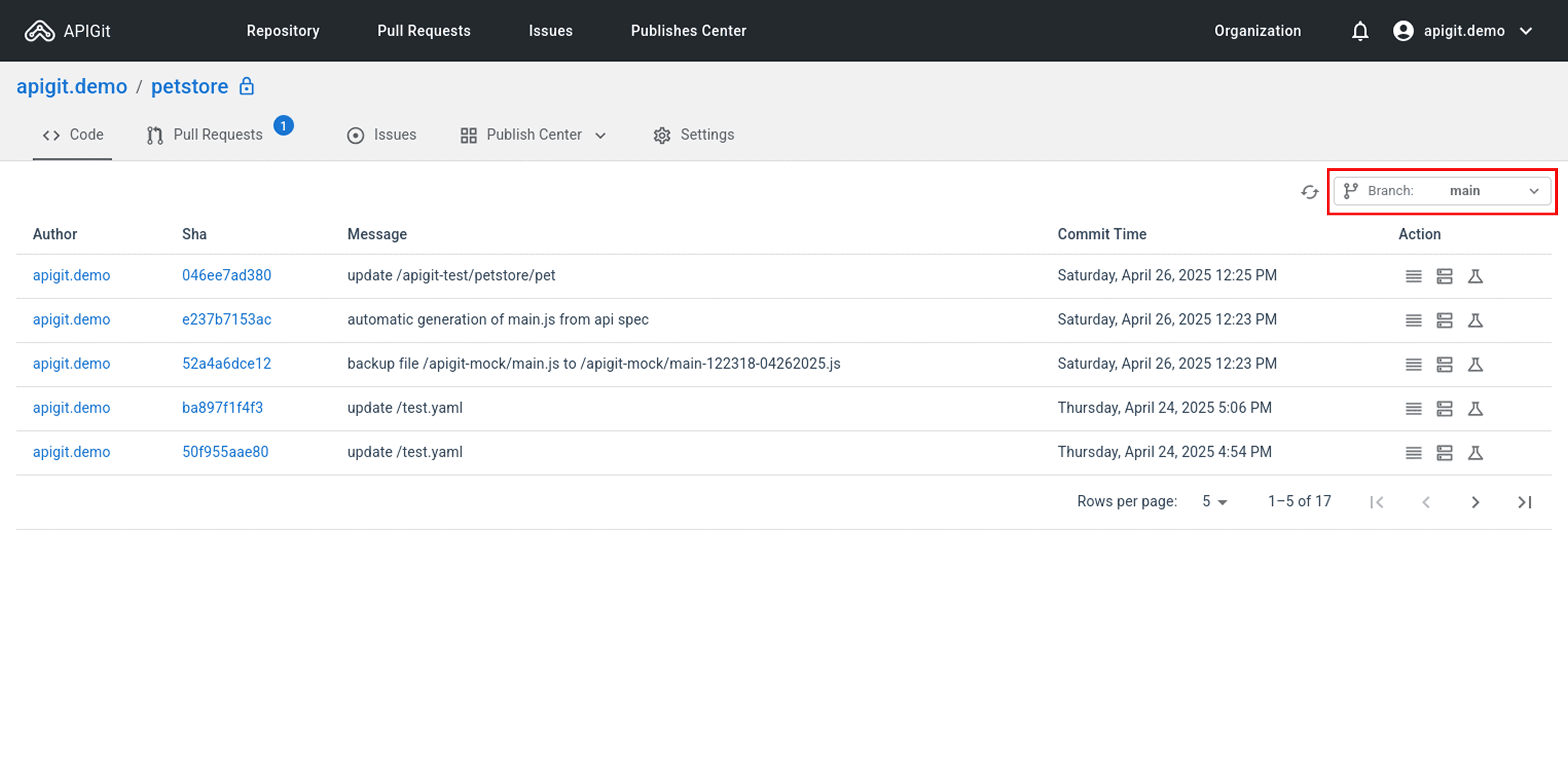 Complete commits list view