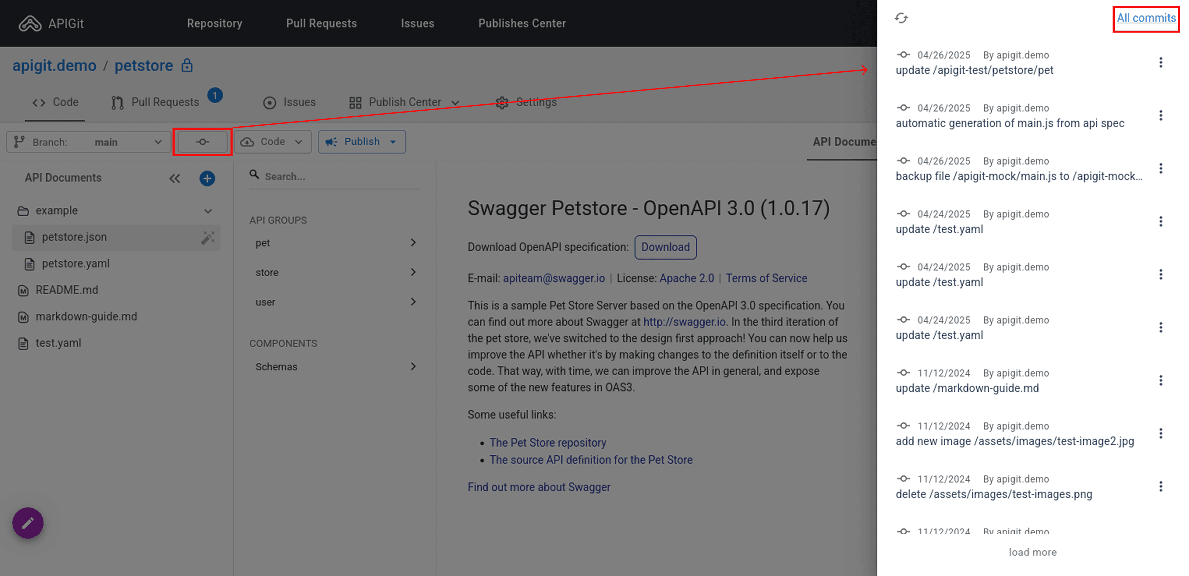 Recent commits sidebar view
