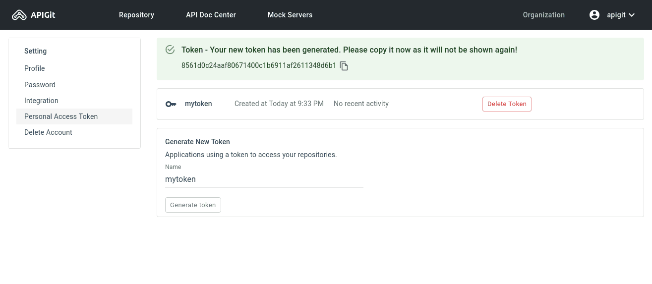 Personal Access Token generation page