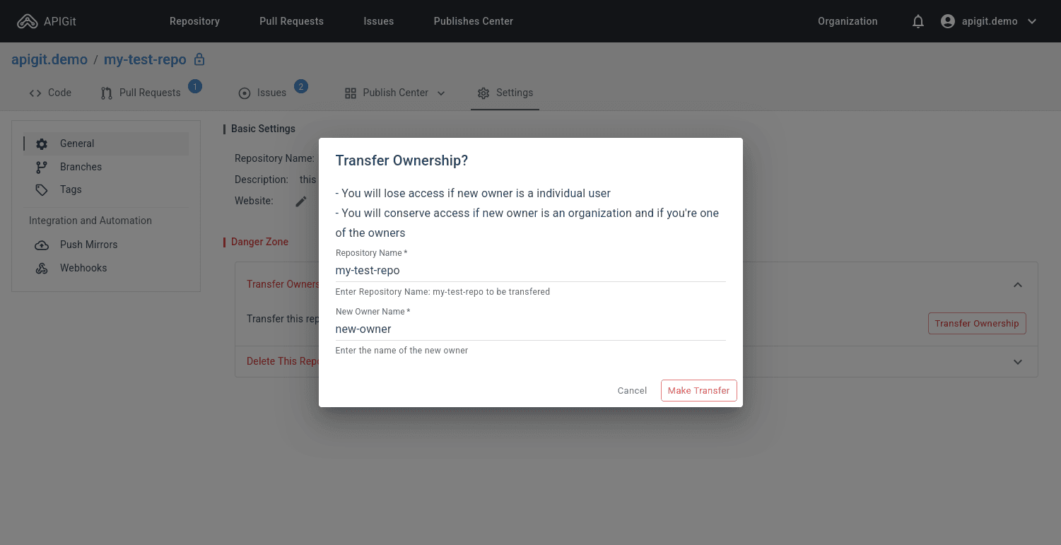 Screenshot of repository owner transfer interface