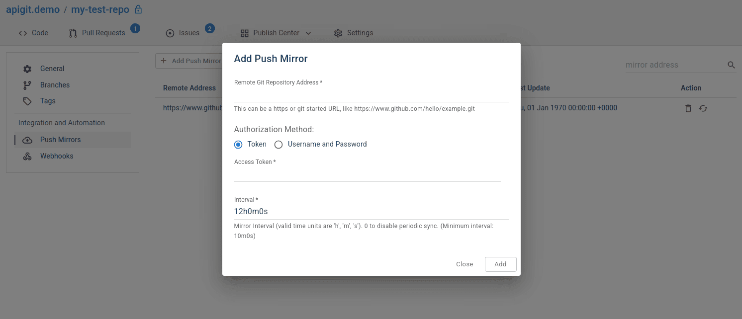Creating a new push mirror