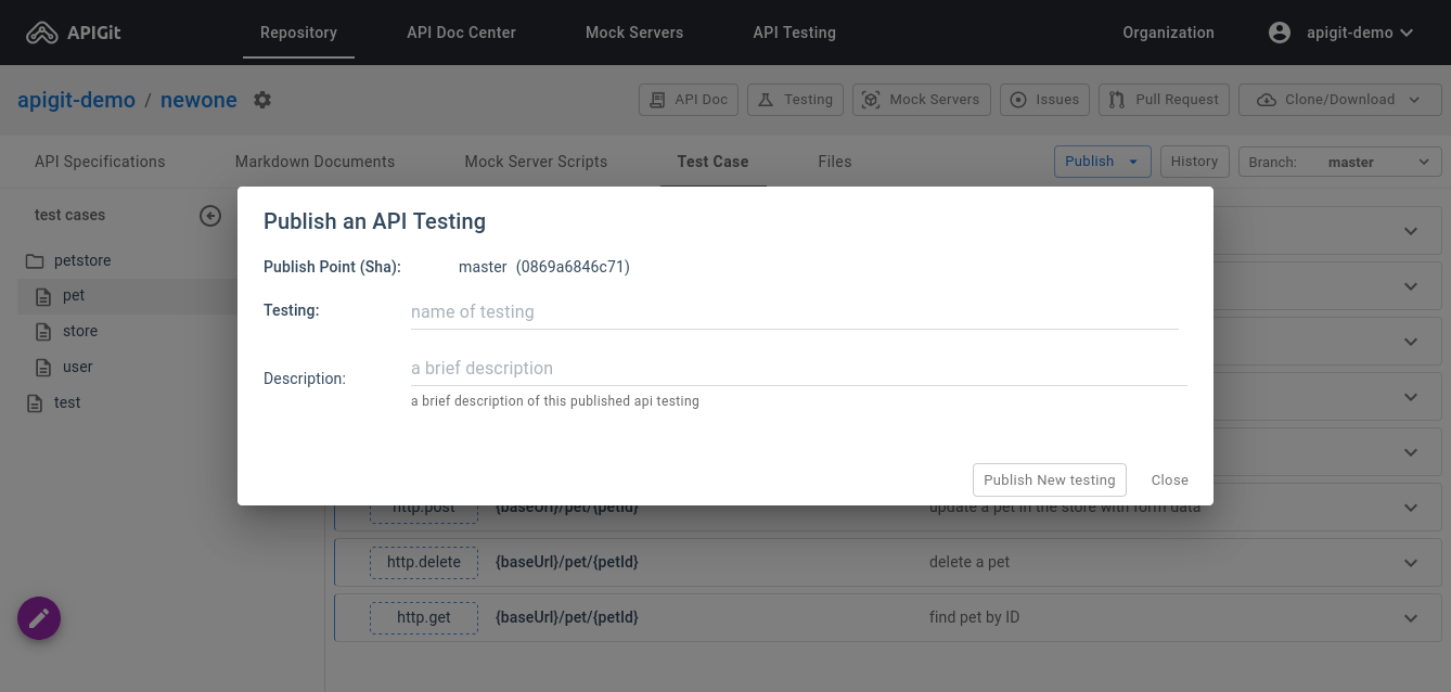publish api testing dialog