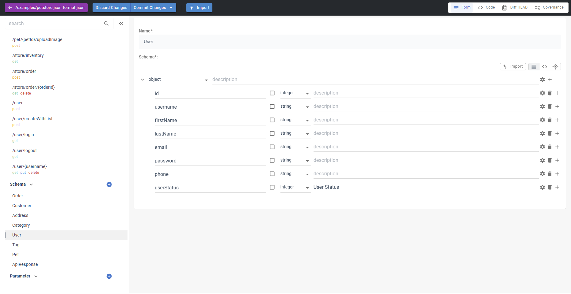 Schemas in Apigit Api design